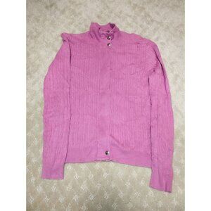 Lauren Ralph Lauren Cardigan Sweater Women M Pink Cable Knit Full Zip Cotton LRL